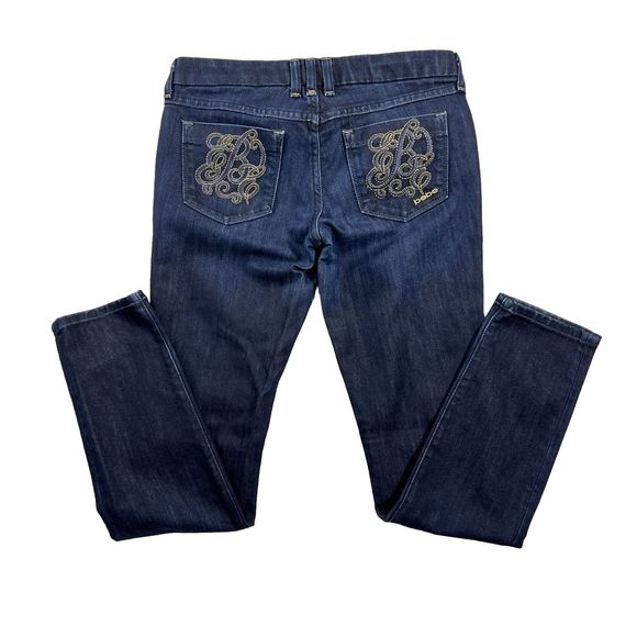 Bebe Premium Denim Skinny Jeans Dark Wash Gold Embroidered Monogram Women Sz 29 - Picture 4 of 12